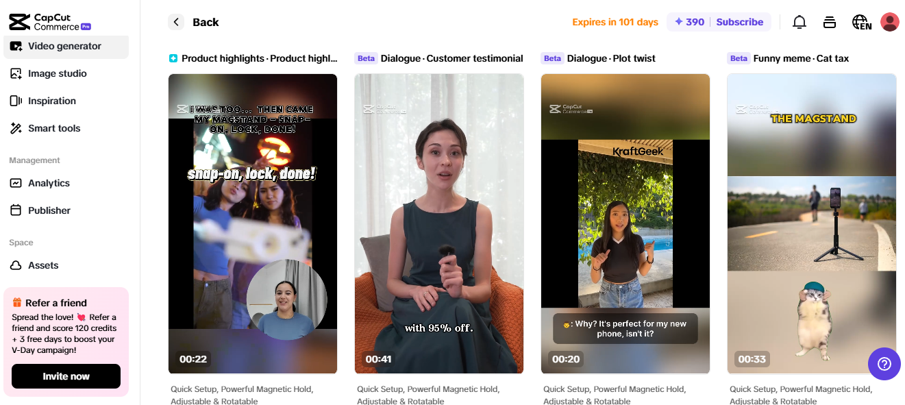 Pippit interface with video templates for eCommerce marketing, including testimonials and product highlights.